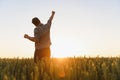 Farmer in wheat field planning harvest activity, female agronomist looking at sunset on the horizon. Royalty Free Stock Photo