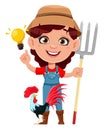 Farmer woman cartoon character holding rake and having a good idea Royalty Free Stock Photo