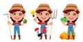 Farmer woman cartoon character, set of three poses.