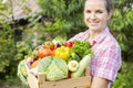 Farmer woman in gloves holding wooden box full of fresh raw vegetables. Basket with vegetable in the hands Royalty Free Stock Photo