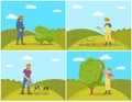 Farmer Woman Harvesting Set Vector Illustration