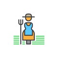 Farmer woman with hayfork filled outline icon, line vector sign, linear colorful pictogram.