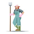 Farmer woman holding a pitchfork in her hands, profession illustration, flat design, vector particles, grain effect