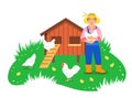 Farmer woman standing near chicken coop with hens, rooster and little chicks Royalty Free Stock Photo