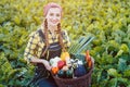 Farmer woman offering basket of healthy organic vegetables