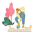 Farmer Woman in Overalls Working in Garden Digging Soil and Care of Plants in Village or Countryside. Gardener Planting