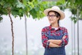 Farmer woman standing on greenhouse with crossed arms in grape f Royalty Free Stock Photo