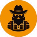Farmer/worker flat icon - a man with a mustache a beard wearing an in a plaid shirt, denim / jeans overalls jumpsuit,boots and