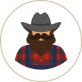 Farmer/worker flat icon - a man with a mustache a beard wearing an in a plaid shirt, denim/ jeans overalls jumpsuit,boots and h