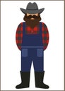 Farmer/worker flat icon - a man with a mustache a beard wearing an in a plaid shirt, denim/ jeans overalls jumpsuit,boots and h