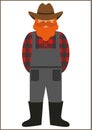 Farmer/worker flat icon - a man with a mustache a beard wearing an in a plaid shirt,overalls jumpsuit,boots and hat.