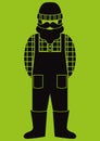 Farmer/worker flat icon - a man with a mustache a beard wearing an in a plaid shirt,overalls jumpsuit,boots and knit hat.