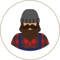 Farmer/worker flat icon - a man with a mustache a beard wearing an in a plaid shirt,overalls jumpsuit,boots and knit hat.