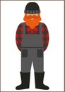 Farmer/worker flat icon - a man with a mustache a beard wearing an in a plaid shirt,overalls jumpsuit,boots and knit hat.