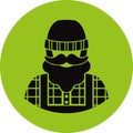 Farmer/worker flat icon - a man with a mustache a beard wearing an in a plaid shirt,overalls jumpsuit,boots and knit hat. Templ