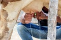 Farmer worker hand milking cow