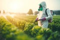 Farmer worker in protection equipment spraying crops. Generate ai