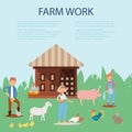 Farmer working at farm, caring for pig, goat, chickens vector illustration. Farming working people and animals on rural