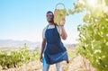Farmer working in field land, summer vineyard and fruit garden in countryside for wine production. Man, worker and Royalty Free Stock Photo
