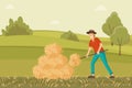 Farmer working on hayfield vector illustration. Young rancher collecting haystack with pitchfork cartoon character