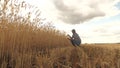 Farmer working with tablet computer on wheat field. agricultural business. businessman analyzing grain harvest Royalty Free Stock Photo