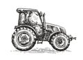 Farmer working on tractor. Farm, agriculture vector concept. Hand drawn sketch in vintage graphic style Royalty Free Stock Photo