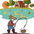 Farmerfishing duck ponds sun vector graphic