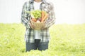 Farmers asian man hands with freshly harvested vegetables in basket,Concept of biological, bio products, bio ecology, grown by Royalty Free Stock Photo