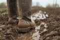 farmers boots trudging through a muddy field Royalty Free Stock Photo