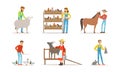 Farmers Breeding Livestock Feeding Farm Animals Vector Set