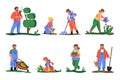 Farmers. Cartoon people planting flowers and greens, cutting and gardening plants, growing vegetables and flowers