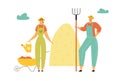 Farmers Characters Man with Pitchfork, Woman with Water Can Stand near Wheelbarrow Full of Ripe Vegetables