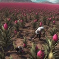 Farmers collecting red dragon fruits