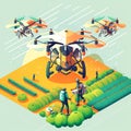 Farmers controlling agricultural drones sprayers quad copters