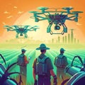 Farmers controlling agricultural drones sprayers quad copters