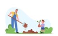 Farmers or Cottagers Working in Garden. Father Digging Soil, Son Planting Sprout to Ground, Family Care of Trees