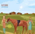 Farmers couple in autumn rural landscape Vector. Woman holding a horse countryside illustrations