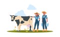 Farmers with cow. Characters doing farming job. Man and woman take care of domestic animal. Farm workers holding buckets