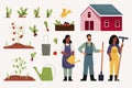 Farmers and crops. Cartoon characters working in farm with organic plants and tools, gardening and agriculture soil work