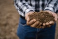 Farmers\' expert hands check soil health before planting vegetable seeds or seedlings. Business idea or ecology