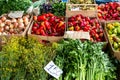 Farmers food market with fresh, varied, seasonal, organic vegetables and fruits. Bio food for healthy life. Royalty Free Stock Photo