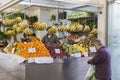 Farmers` food market stall with variety of organic vegetable, Ca