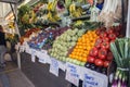 Farmers` food market stall with variety of organic vegetable