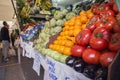 Farmers` food market stall with variety of organic vegetable