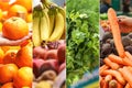 Farmers` food market stall with variety of organic vegetable and fruits. Royalty Free Stock Photo