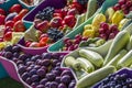 Farmers fruit market with various colorful fresh fruits and vegetables Royalty Free Stock Photo