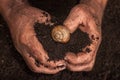 Farmers hand holding soil surface