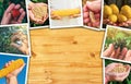 Farmers hands photo collage on wooden background Royalty Free Stock Photo