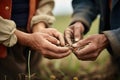 farmers hands planting seeds in a field Royalty Free Stock Photo