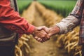 Farmers Handshake Against The Backdrop Of Unfocused Agriculture, Closeup. Generative AI